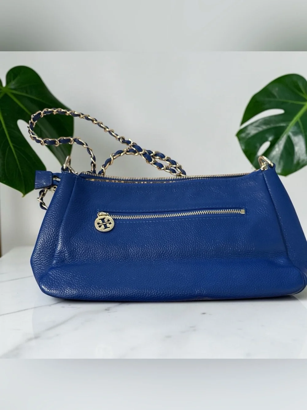 Tory Burch Royal Blue Pebbled Leather Chain Strap Crossbody